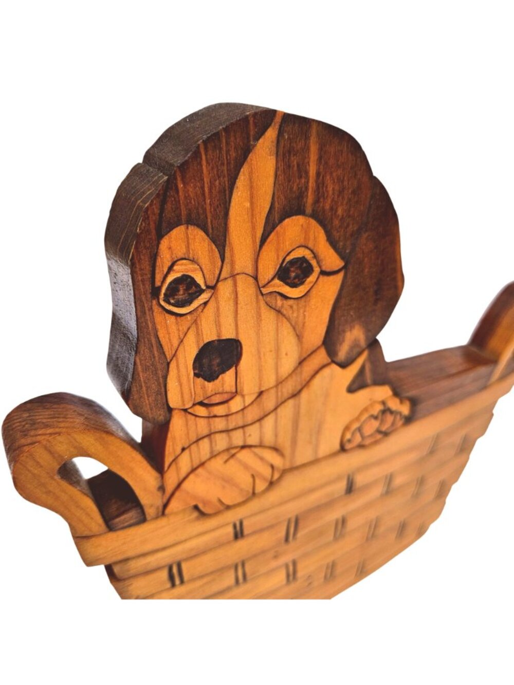 Vintage Intarsia Wood Puppy in Basket Wall Decor Handmade Dog Folk Art 80s 90s - Picture 8 of 11